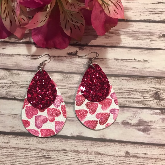 Faux Leather Earrings Valentine Hearts Pink 2.5” - Picture 2 of 7